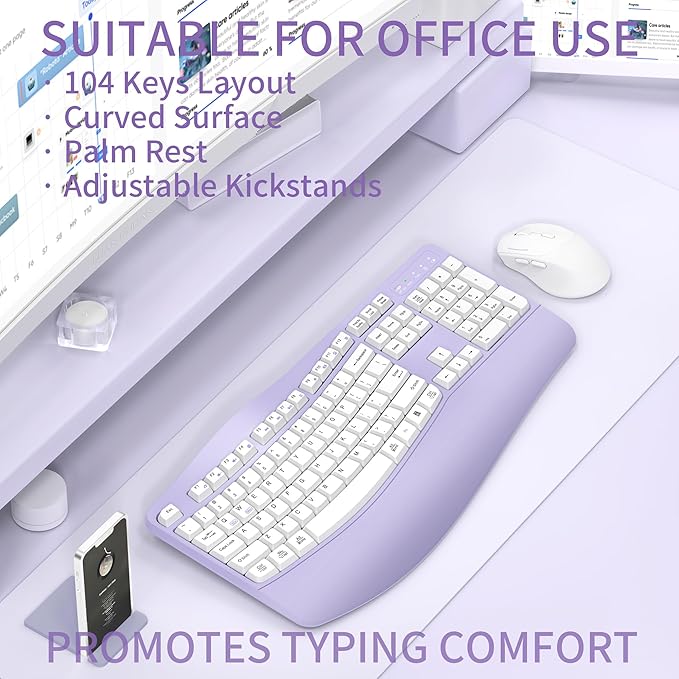Ergonomic Wireless Keyboard and Mouse Combo, Wave Keys Keyboard with Wrist Rest for Natural Typing, 3 DPI Adjustable Ergonomic Silent Mouse for Computer/Laptop/Windows/Mac (Purple)