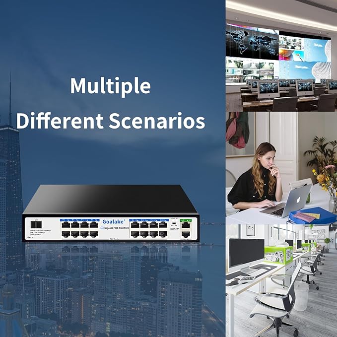 PoE Switch with 16 Gigabit PoE+ @240W Built-in Power, 2 Uplink Gigabit Port + 1 Combo SFP Slots, IEEE802.3af/at, Metal Casing, VLAN Mode, AI Function, Plug & Play Rack-mountable