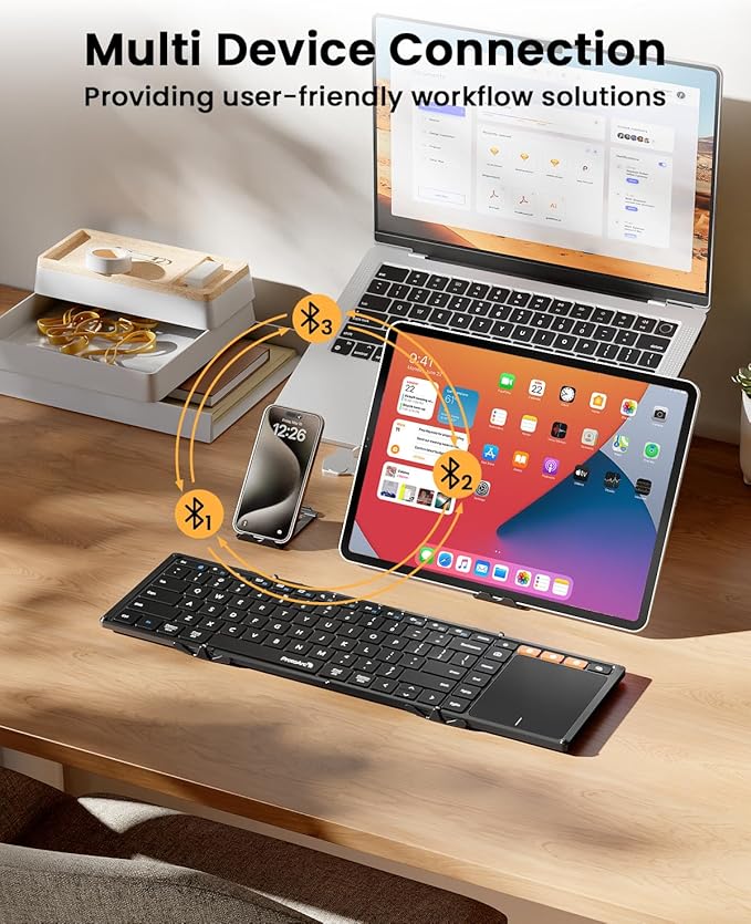 ProtoArc Foldable Keyboard with Touchpad, XK01 TP Folding Portable Keyboard, Full Size Keys, Large Trackpad Bluetooth Travel Keyboards for Laptop PC Tablet - Black