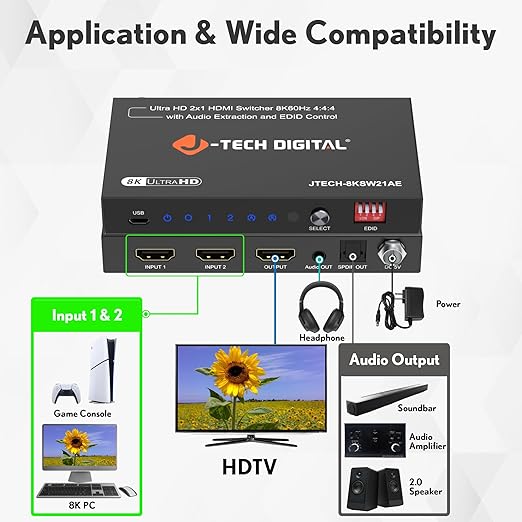 8K HDMI Switch 2 in 1 Out, 8K@60Hz 4K@120Hz 1080P@240Hz with Audio Extraction, HDMI to Optical & Analog 3.5mm, HDR HDCP2.3 EDID Control (JTECH-8KSW21AE)