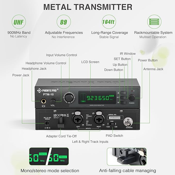 Phenyx Pro UHF Stereo Wireless in Ear Monitor System, Wireless IEM, 900MHz Band Selectable Frequency, Rack Mountable, 160 ft. Operation, Suitable for Stage, Studio, Exhibit, Lecture, Speech (PTM-10)
