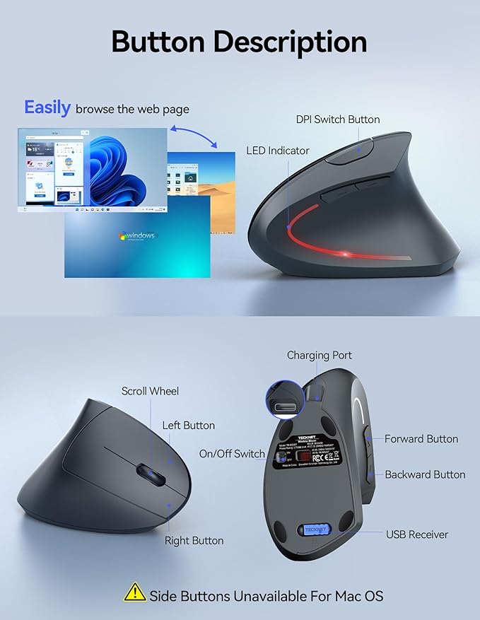TECKNET Ergonomic Wireless Mouse, Rechargeable Mouse Wireless Silent for Carpal Tunnel Right Hand, 2.4GHz USB Vertical Mouse Wireless for Laptop, 5 Adjustable 4800 DPI, Computer, MacBook, Desktop