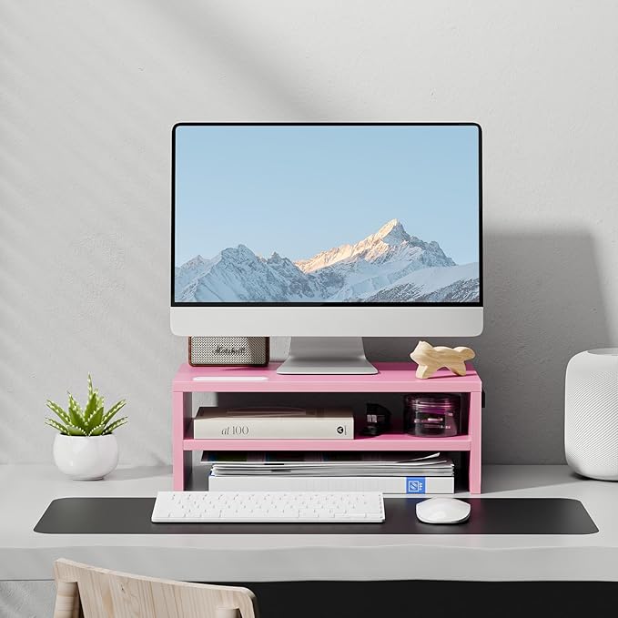 Marbrasse Monitor Stand Riser, 16.5 Inch 2 Tier Computer Printer Shelf Stand for Laptop Computer Screen Storage, Desktop Stand with Phone Holder and Cable Management (Pink)