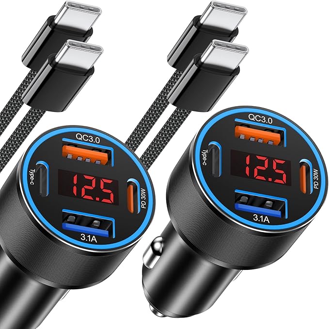65W iPhone Car Charger Fast Charging, 2Pack 4 Port USB C Fast Car Charger+6ft Type C to C Cable, Dual USB-C & USB-A Cigarette Lighter Adapter with Voltmeter for iPhone 16 15 Pro Max,iPad,Samsung,Pixel