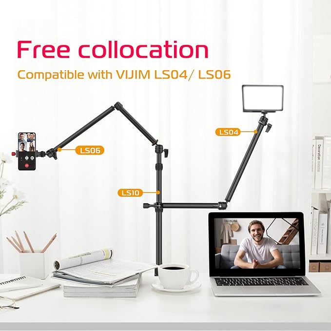 PICTRON LS10 Camera Desk Mount Table Stand with 1/4" Ball Head, 16"-33.8" Adjustable Light Stand, Tabletop C Clamp Arm for DSLR Camera, Ring Light, Live Streaming, Photo Video Shooting