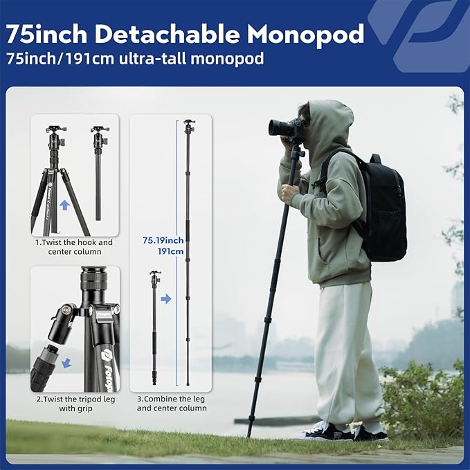 Fotopro 73" Carbon Fiber Tripod for Camera, Compact Travel Tripod with Ball Head, Detachable Monopod with Quick Release Plate and Camera Bag, Load up to 22lbs/10KG