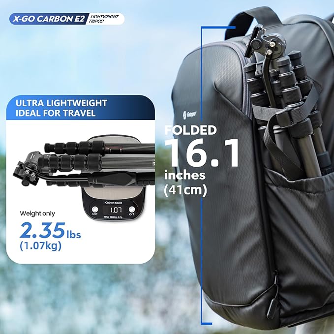 Fotopro 59" Carbon Fiber Travel Tripod, Compact Video Tripods with Fluid Head, Detachable Monopod with Quick Release Plate and Bag, Camera Tripod Load up to 8KG/17.63lbs