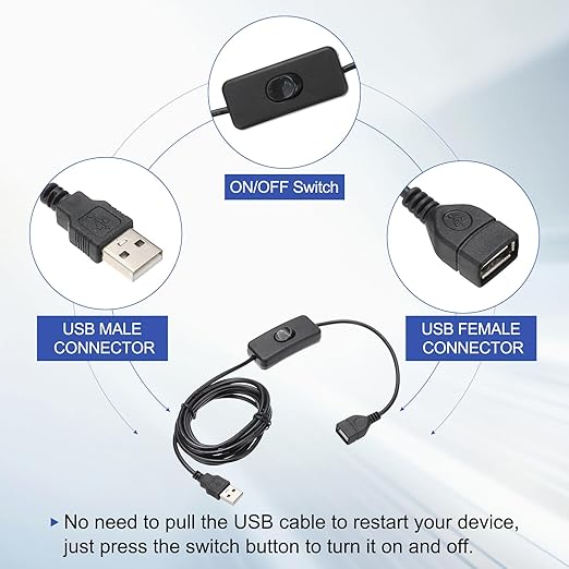 MECCANIXITY USB Extension Cable with ON/Off Toggle Switch 2m USB Male to Female Extension Cord for Desk Lamp Fan LED Light Strip Black Pack of 1