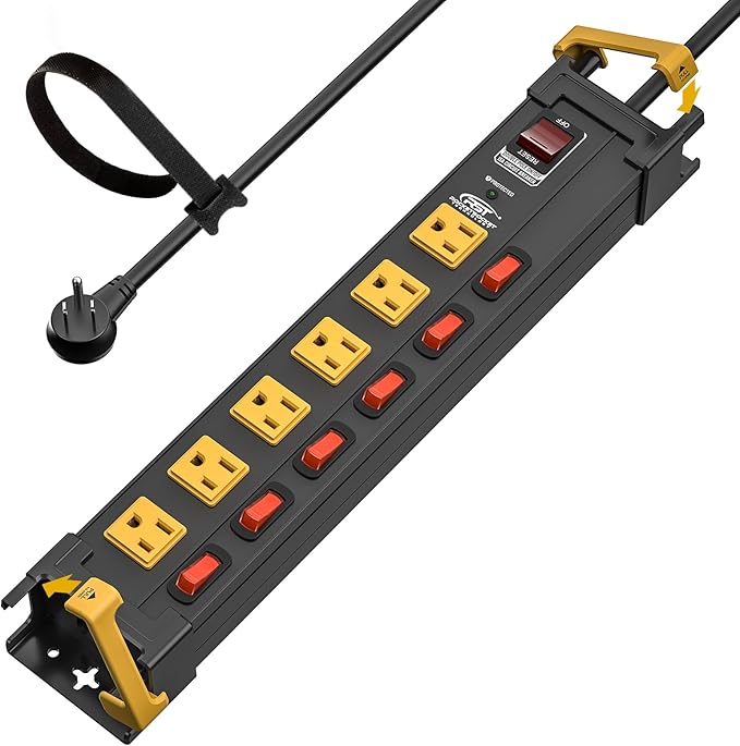 CRST 6 Outlets Wide Spaced Power Strip, Metal Wall Mount Surge Protector Power Strip with Individual Switches and Cord Manager for Garage, Shop, Office, Home. 1020Joules, 15Amp/1875W, 6 FT Cord