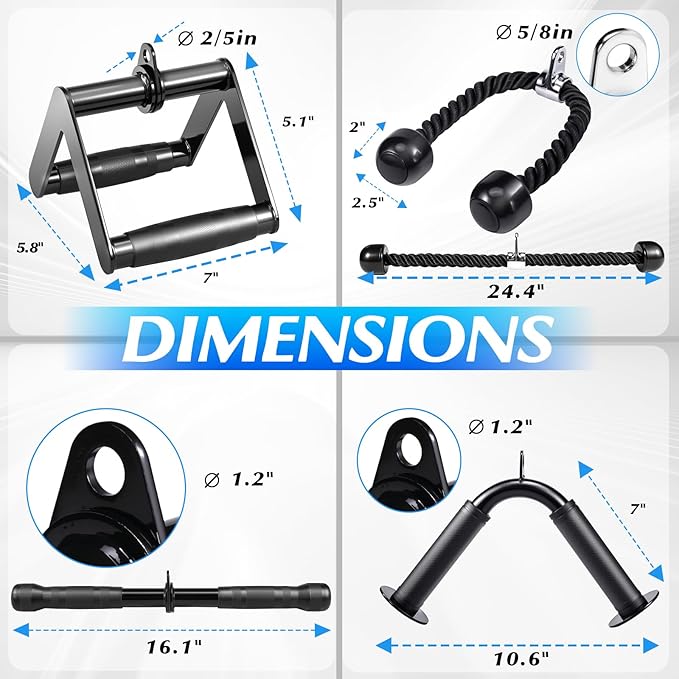 10-in-1 Cable Machine Attachments Set for Gym - Includes Tricep Rope, V-Bar, Straight Bar, D-Handle, Ankle/Wrist Straps, Storage Bag - Compatible with LAT Pulldown & Home Gym Cable Machines