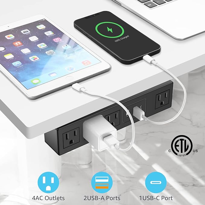 HHSOET Under Desk Power Strip with 3M Adhesive, Removable Under Desktop Mount Plug with Fast Charging USB C and USB A Ports, 4 Outlet Under Table Surge Protector 1200J, 6FT Extension Cord. (Black)