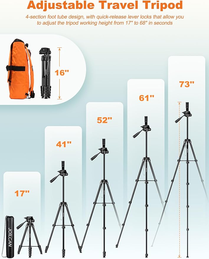 JOILCAN Phone Tripod Stand, 68" Tripod for iPad iPhone Tablet with Remote Universal Holder Carry Bag, Travel Aluminum Tripod for Video Recording Photos Vlogging Compatible with iPad Pro iPhone Camera