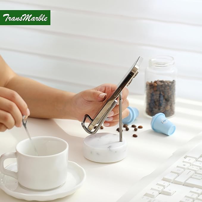 Marble Phone Stand with Metal Holder, Charging Available While Using, Swipe Up to Unlock, Made of Natural Marble as Business Card Holder for Office Desk (Starry White + Black)