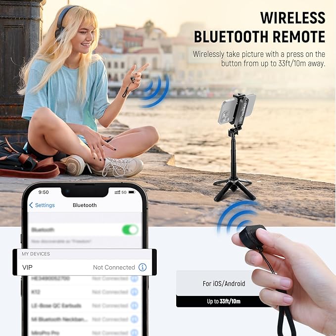 NEEWER Selfie Stick Tripod for iPhone, Lightweight Foldable Mini Travel 360° Desk Stand with Cell Phone Holder Cold Shoe for Video Recording Vlog Streaming, Remote Shutter & Cleaning Cloth, P15 Black