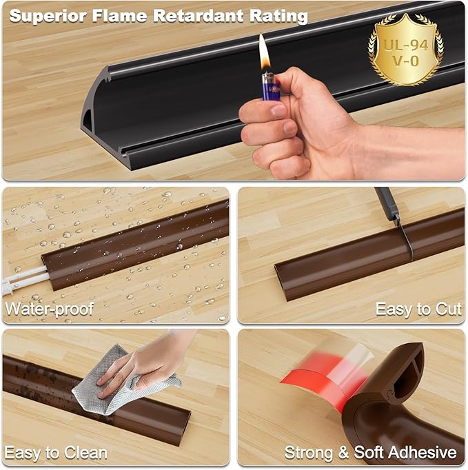 10FT Side-Open Extension Cord Covers for Wires on Floor,Silicone Power Cable Protector Cord Hider Management Strip,Hide Electric Wire on Carpet,Chord Runner Protective Safety Wiremold,Brown