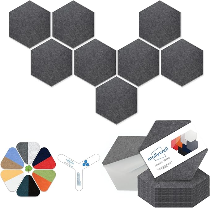 Mollywell Hexagon Acoustic Panels, High Density, Soundproofing, Decorative Noise Reduction Felt Wall Tiles for Ceilings, Home Office & Gaming Room (Moon Gary), 12x10x0.4 Inch