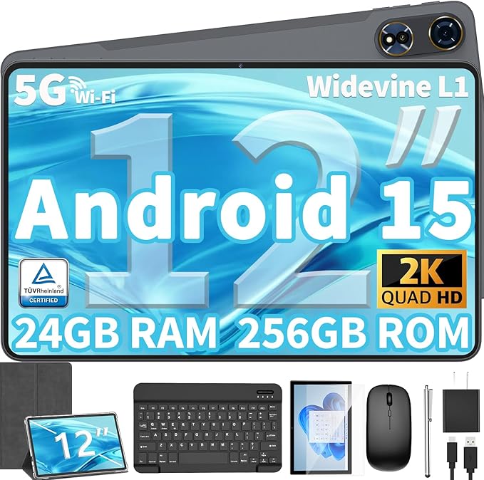 12 Inch Tablet Android 15 Tablets, 2025 Upgraded Android Tablet with Keyboard, 24GB RAM+256GB ROM(1TB Expand), Octa-Core, 2K 2000x1200 Display, 16MP Dual Camera, 8000mAh, 2.4G/5G WiFi, GPS (Silver）