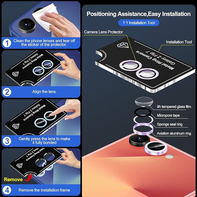 for Samsung Galaxy Z Flip 7 Camera Lens Protector, Individual Metal Ring Tempered Glass Lens Cover, [Strong Adsorption] Scratch Resistant Ultra-Thin HD Clear Lens Cover, 1 Set-Purple