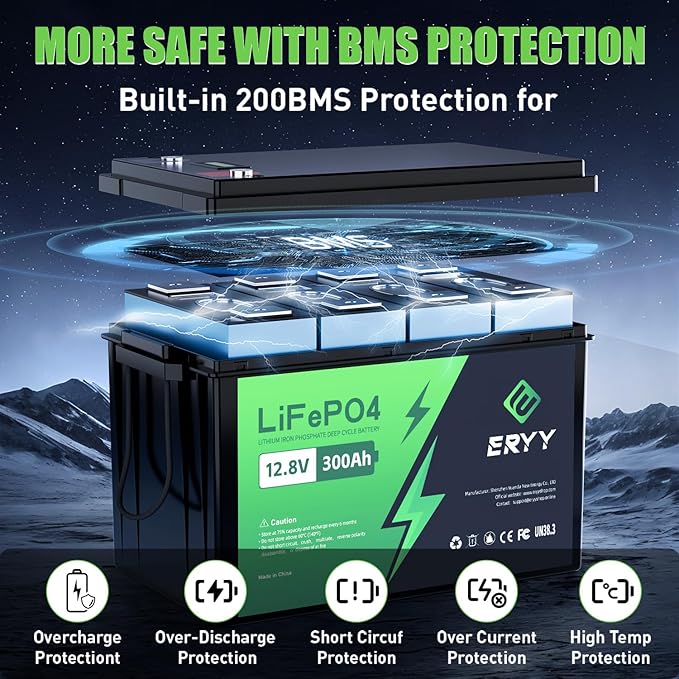 12V 300Ah LiFePO4 Battery, 12V Lithium Battery with 200A BMS, 3840Wh Energy, Deep Cycle Battery, Lithium Iron Phosphate Battery for Trolling Motor, Solar, RV, Camping, Van, Marine