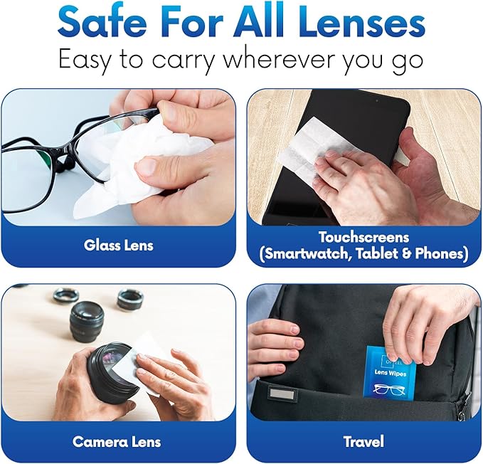 Lens Wipes for Eyeglasses - Pre-moistened Eyeglass Lens Cleaning Wipes - 500 Lens Wipes Individually Wrapped Sracth-Free Streak-Free Eye Glasses Wipes Lens Cleaner for Sunglass & Camera Lens