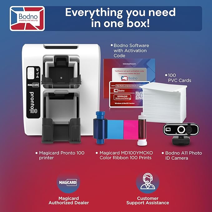 Bodno Magicard Pronto 100 ID Card Printer & Complete Supplies Package ID Software and Camera - Bronze Edition