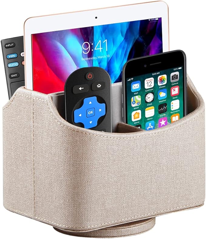 Fanousy 360° Rotating Remote Control Holder, PU Leather TV Remote Caddy Organizer Basket Storage Box with 5 Compartments for Pen, Pencil, Art Supplies, Makeup Brush, Office Desk Table Accessories