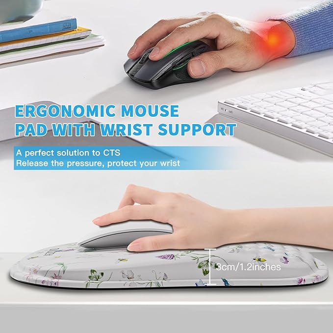 Mouse Pad with Wrist Rest, Ergonomic Mousepads with Wrist Support, Soft Lycra Fabric Memory Foam Office Desk Accessories for Comfort/Pain Relief/PC Gaming/Computer/Laptop (White Wild Plant)
