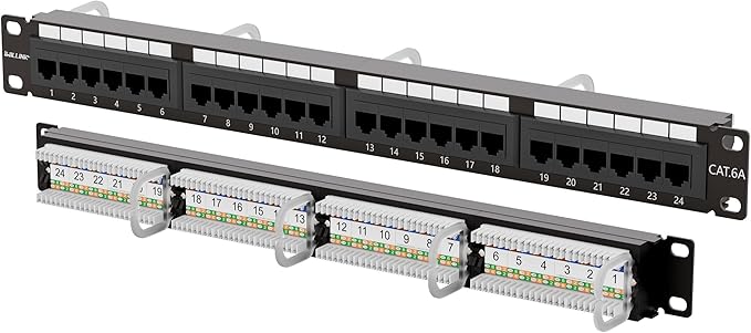 Iwillink 10Gbps Cat6A Patch Panel 24 Port, RJ45 Patch Panel UTP 19-Inch, 1U Network Patch Panel Wallmount or Rackmount Punch Down Block for Cat6A, Cat6, Cat5e, Cat5 Cabling