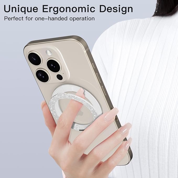 COOLQO Upgraded Magnetic Phone Ring Holder Stand, Super Magnet Cell Phone Grip Finger Kickstand Compatible with MagSafe Mag Safe Accessory for iPhone All Smartphones (1-Glitter Silver)