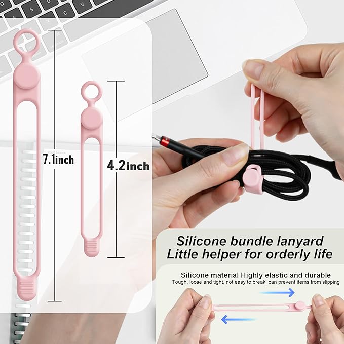 Nearockle Silicone Cable Ties Cord Organizer for Cable Management, 16PCS 4.2" and 7.1" Reusable Cable Organizer Electronic Accessories for Home, Office, Kitchen, School, Travel (Pink)