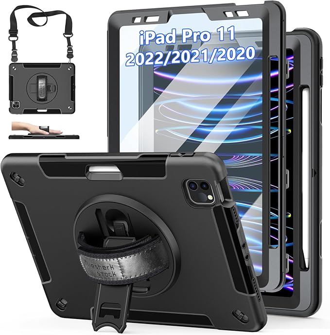 Case for iPad Pro 11 Inch 2022/2021/ 2020/2018: Cover for iPad 11 Inch 4th/ 3rd/ 2nd/ 1st Generation with Screen Protector- Stand- Handle- Shoulder Strap- Pencil Holder Black
