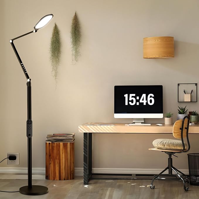 Ring Light with Stand, 15W Dimmable Zoom Lighting for Computer, Home Office, Reading, Video Calls, 66 Inches Floor Lamp with Flexible Swing Arm, AC Plug, Remote, Memory & Timer CRI >95