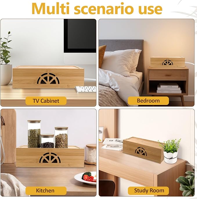 Bamboo Cable Management Box,Extra Large Cord Organizer Box,Power Strips Hider,Plug Strip Cord Box,Outlet Holder,Cords Concealer,Wires Covers,Desk & Floor Tidy Solution (Straight lid)