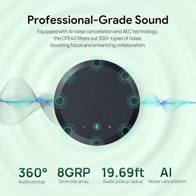 Yealink CPE40 Conference Speaker, Expansion Microphone for CP50, Ai Noise Cancellation, 8 360° Omni Mics Array, 19.6ft Pickup, Daisy Chain up to 7 Speakerphones for Zoom, Teams, Large Meeting Room