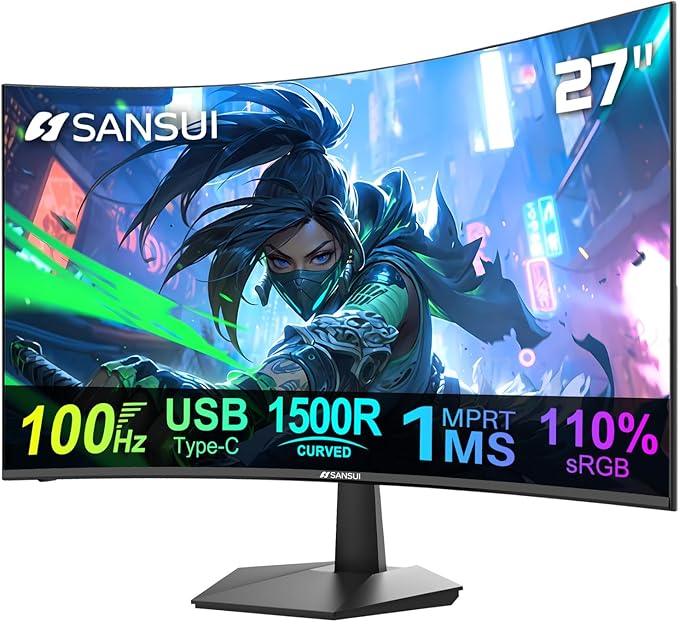 SANSUI Curved Monitor 27 inch 100Hz USB Type-C Computer Monitor with Speakers Built in丨FHD 1080p丨HDR丨110% sRGB丨1500R丨VESA Compatible,for Tablet,Desktop,Laptop and PC Work Gaming