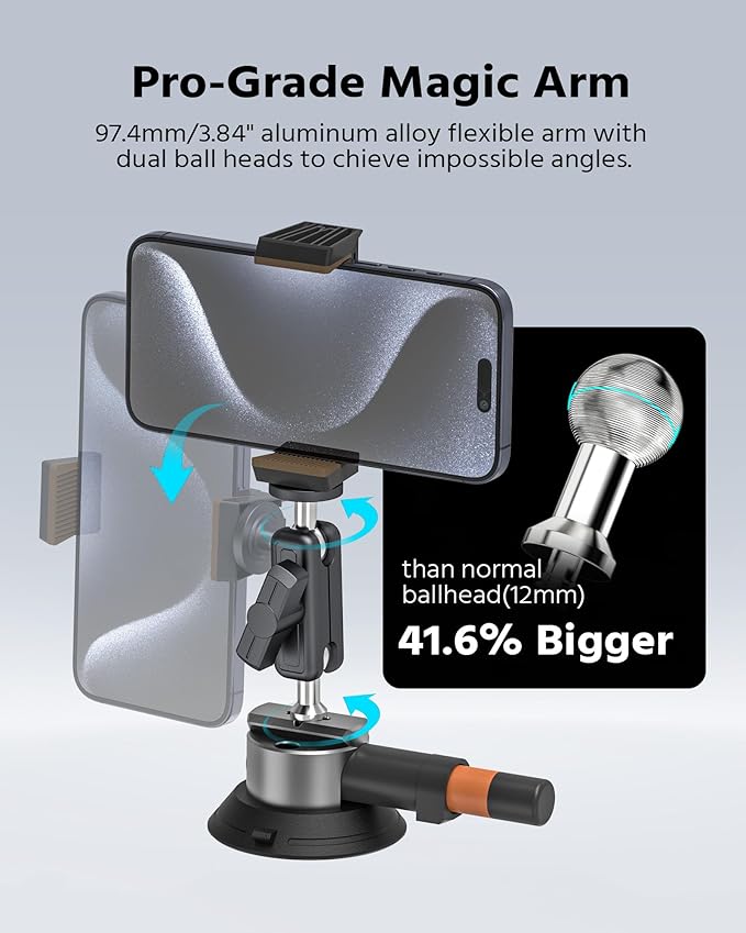 3" Suction Cup Mount Kit for Action Cams/Phone/360 Camera/DSLR Comes with Adapter for GoPro, Phone Clip, 3.84" Universal Magic Arm