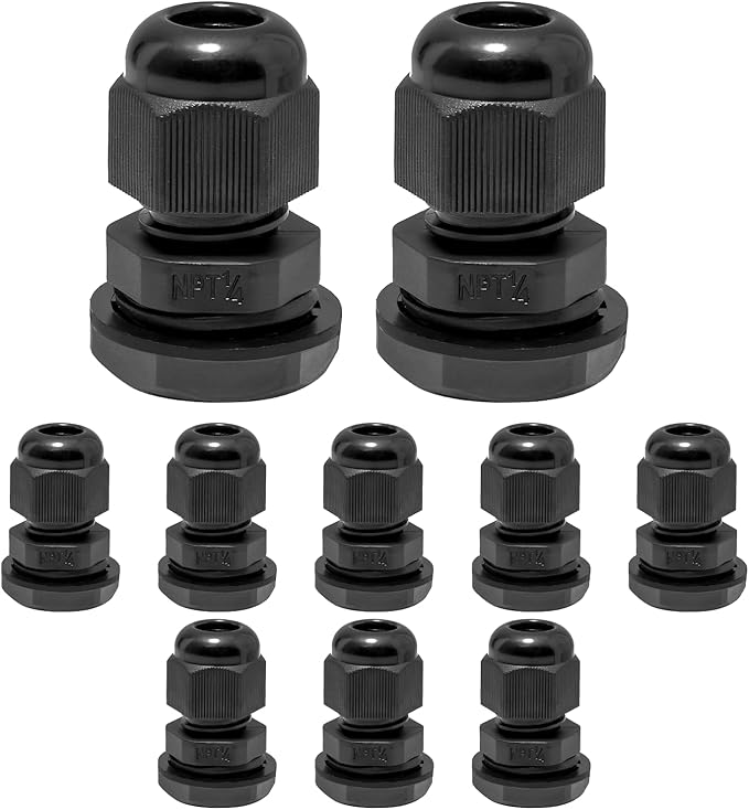 10 Pcs 1/4" NPT Nylon Cable Glands, IP68 Waterproof Adjustable Cord Grip Cable Connector Strain Relief Wire Protectors for 4-6mm Cable Diameter, Black