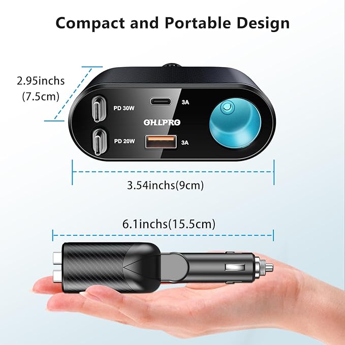 OHLPRO Retractable Car Charger Cigarette Lighter Adapter, 168W 5 in 1 Fast Phone Charging Built-in Replaceable Fuse, Socket Splitter with Dual USB-C Cords, Fit for Phone, iPad, Galaxy, GPS