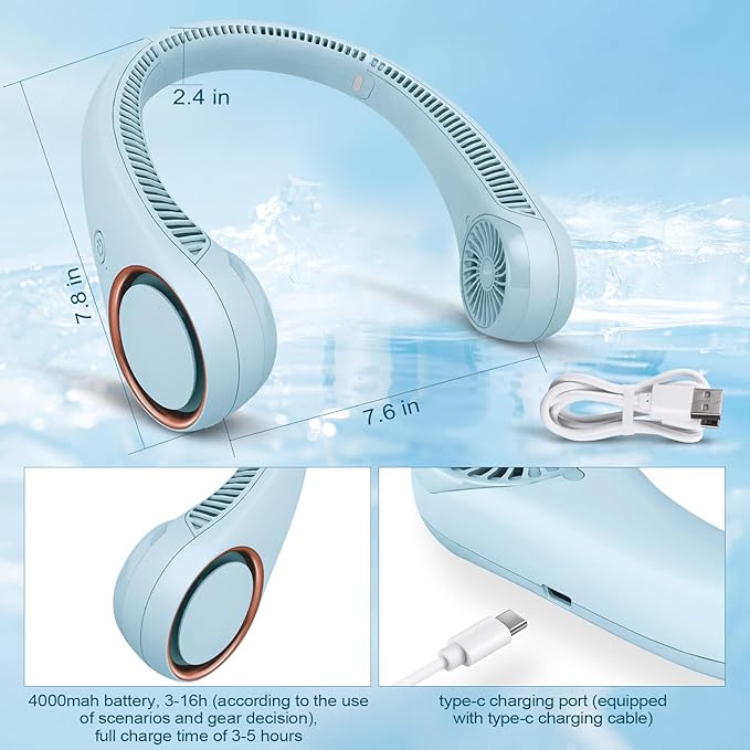 CIVPOWER Neck Fan: Portable Personal Neck Cooling Rechargeable Bladeless Fan - Hands Free 3 Speed 4000 mAh Battery USB Operated Wearable Headphone Design - for Men Women Outdoor Indoor (Light Blue)