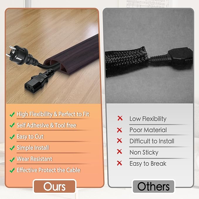 Floor Cord Cover for Wires on Floor Self Adhesive Cord Hider Floor Cable Management Wire Covers for Cords Protector Prevent Cable Trips Cord Cavity W 0.47" x H 0.27", Black Walnut, 10Ft