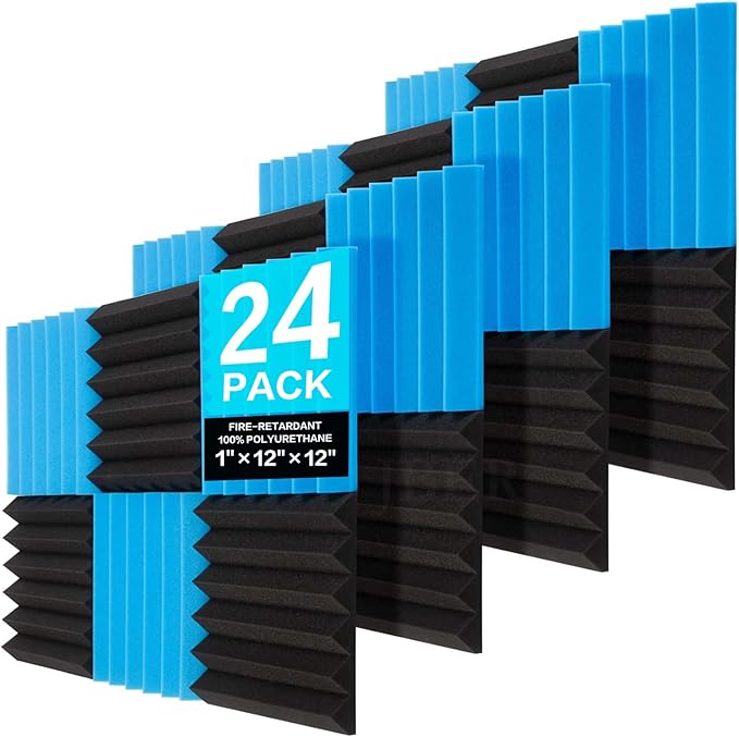 JBER 24 Pack Blue and Charcoal Acoustic Panels Studio Foam Wedges Fireproof Soundproof Padding Black Wall Panels 2" X 12" X 12"