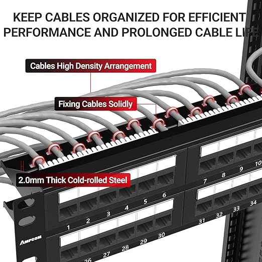AMPCOM Premium Series CAT6 48 Ports Patch Panel, Rack Mount - 2U, 19 inch, RJ45 Ethernet 568A 568B, 15u Gold Plated, with Rear Cable Support Bar