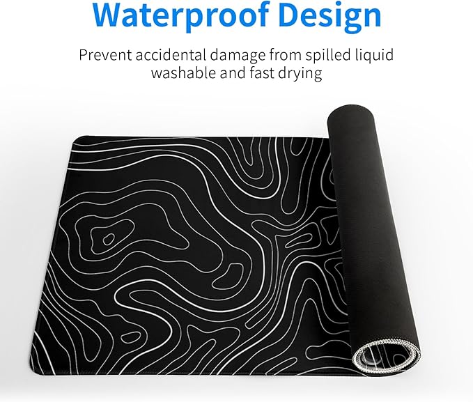 Topographic Contour Black Gaming Mouse Pad XL Geographic Map Lines Extended Big Large Desk Mat Non-Slip Rubber Base Stitched Edge Long Keyboard Mousepad for PC Computer Laptop,31.5x11.8 Inch