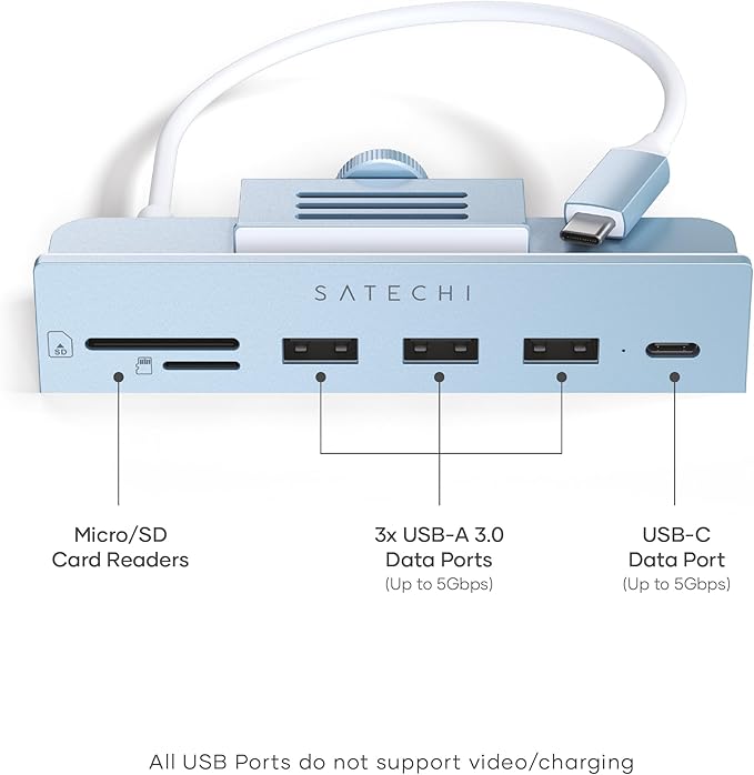 Satechi Clamp Hub USB-C – USB-C Data Port, USB-A 3.0 Data Ports, Micro/SD Card Reader – for Apple Studio Display and 24-inch iMac M1 2021. Not Compatible with 2020 and Earlier iMac Models (Blue)
