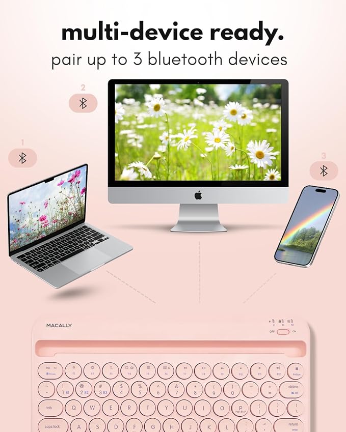 Macally Bluetooth Keyboard for Tablet | Wireless Keyboard for iPad mini/Air/Mini, iPhone (Multi-Device, Built-in Stand, Rechargeable) Easy to Use and Cute Portable