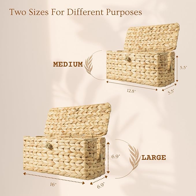 Wicker Cable Management Box with Lid, Set of 2 Handwoven Water Hyacinth Cords Hider Boxes for TV, Computer, Router, USB Hub to Hide Cords & Power Strip for Desk, Floor, Office