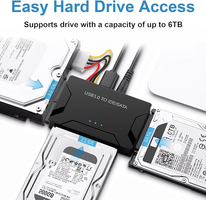 USB 3.0 to SATA IDE Adapter, Hard Drive Reader External Ultra Recovery Converter Compatible with 2.5" 3.5" HDD, SSD,5.25-inch DVD/CD-ROM Optical Drive Data Transfer with Power Supply