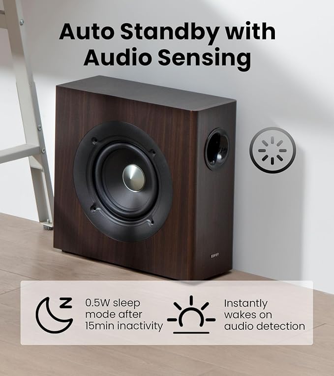 Edifier T5s Powered Active Subwoofer with 70W RMS, 8" Long-Throw Woofer, Deep Bass (35Hz) Speaker, Built-in Amp, Low Distortion, Phase Selector & Energy-Efficient for Home & Studio Audio, Brown