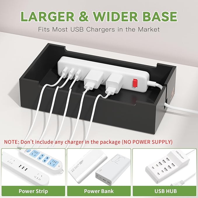 Pezin & Hulin Natural Bamboo Cable Management Box, Wire Organizers for Cords, Charge Station Box, Desktop Dock Organizer Rack for Electronic Device (Include 6 Cables)(No Power Adapter) -Black