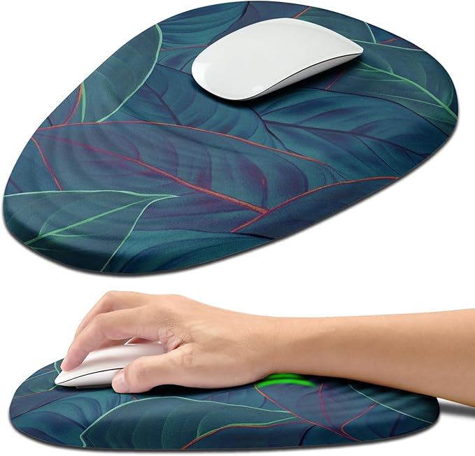 Hokafenle Ergonomic Mouse Pad Wrist Support with Stepped-Wedge Design, Wrist Rest Pain Relief Mousepad Filled with Memory Foam, Carpal Tunnel Mousepad for Wireless Mouse(12x8 inch, Green Leaves)